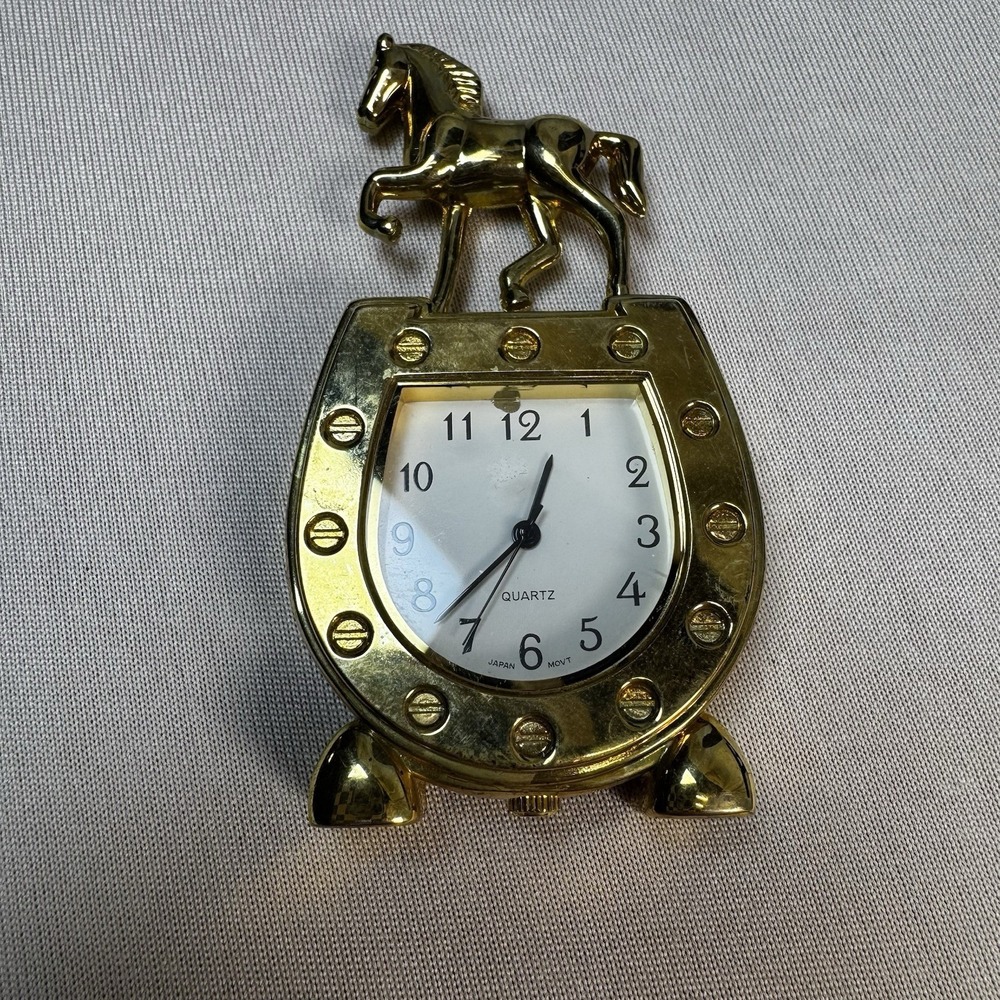 Platinum Equestrian Horse Shoe Mini Clock 2.75" tall X 1.5". NeedsBattery